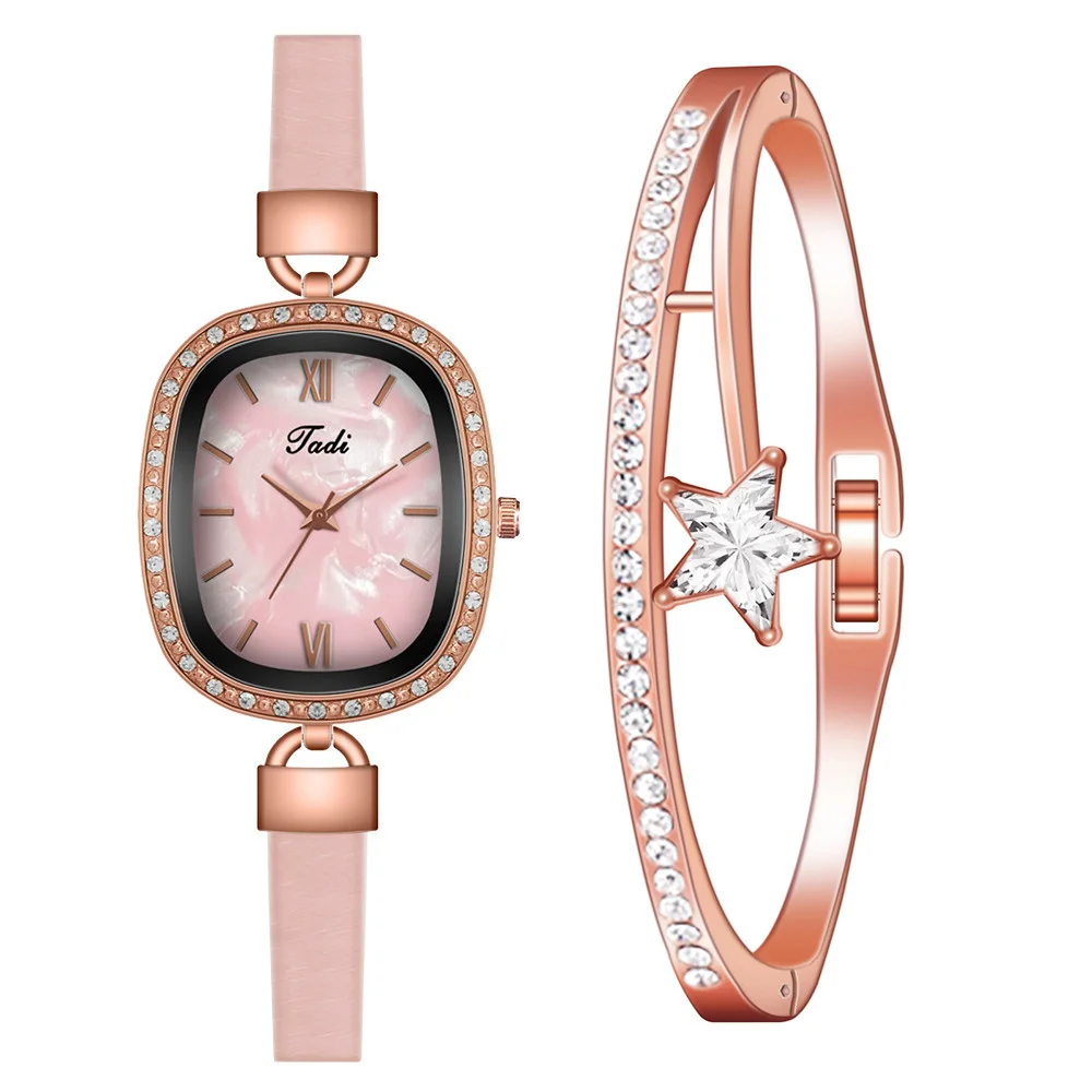 【Watch+Bracelet】Women Oval Pearl Shell Dial Watches Fashion Ladies Leather Rhinestone Quartz Roma Watch Reloj Mujer | Наручные часы