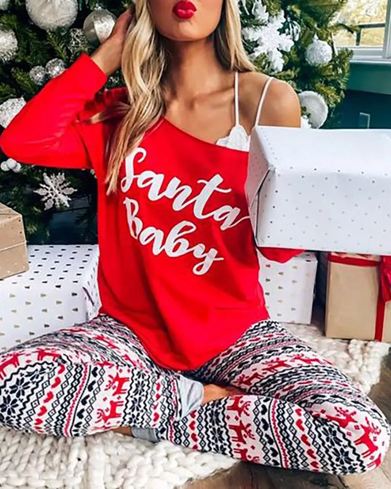 

Ladies pajamas set autumn and winter new fashion Christmas letter printing round neck long-sleeved top and casual trousers set