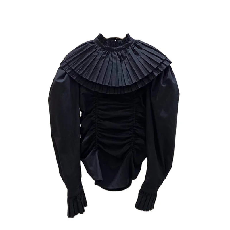 

SHENGPALAE Pleated Design Blouse Women's Spring 2021 New Turtleneck Loose Solid Color Long Sleeve Shirt Female Fashion 5A1179