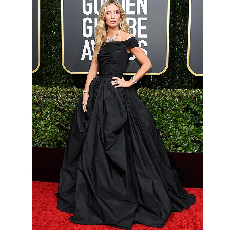 

Black Evening Dresses Satin Ruffles Sweep Train A Line Cheap Prom Gowns Custom Made Formal Robe De Soire