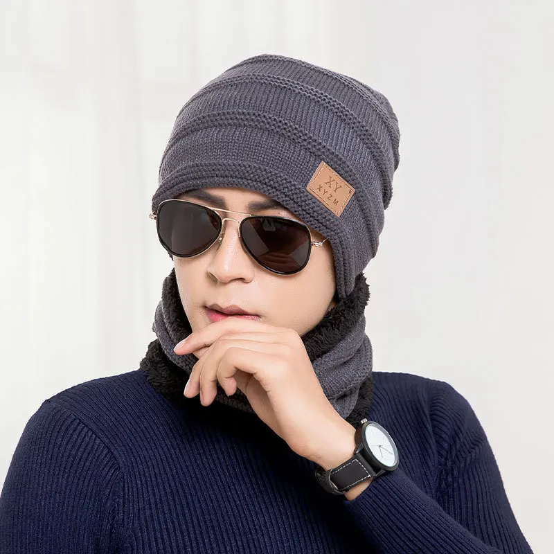 

Winter Hat Sleeve Cap Scarf Set Fleece-Lined Thickened Woolen Cap Men's