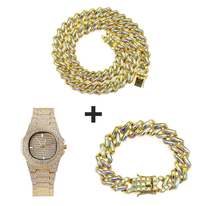 Ожерелье + часы браслет стразы выложенное золотым покрытием панцирная цепь