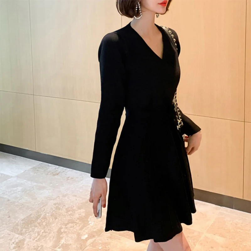 

new arrival fashion black a-line dress women OL temperament v-neck lace-up slim was thin ruffle knitted bouncy slim mini dress