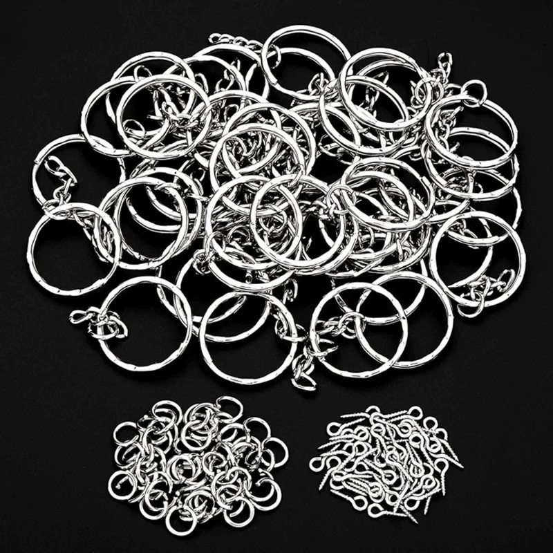 

120Pcs Split Key Ring with Chain and Jump Ring Split Key Ring with Chain Silver Metal Split Key Chain Open Jump Ring Kit