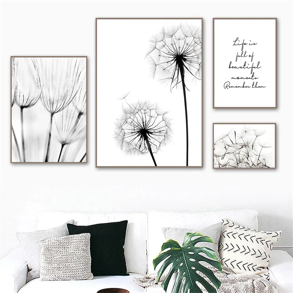 

Black And White Abstract Canvas Print Paintings Dandelion Wall Art Poster Quotes Prints Nordic Wall Pictures Living Room Decor