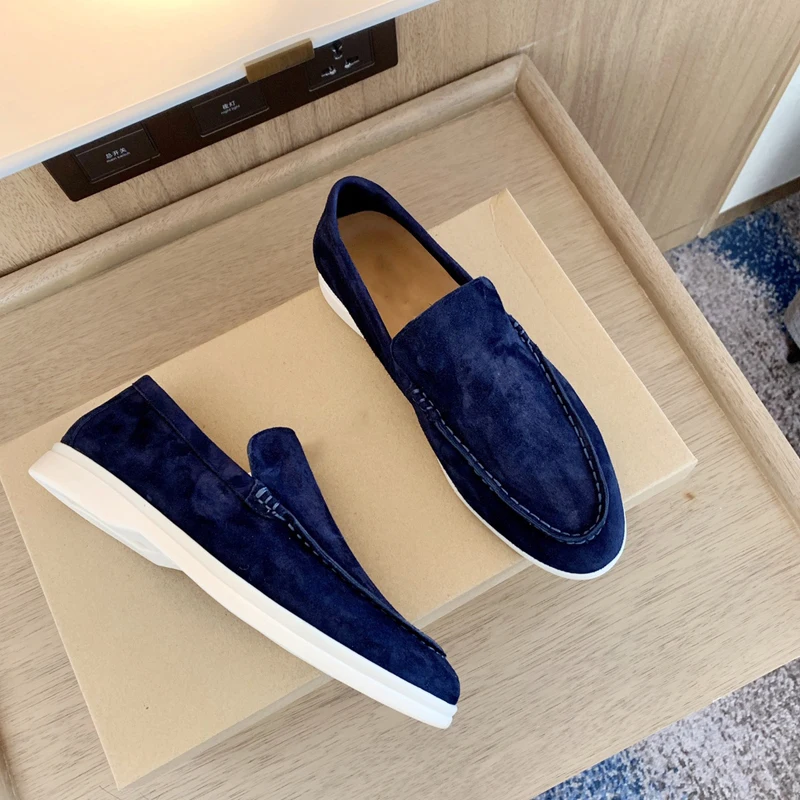 

2022 Winter Italy Suede Calfskin Walk Loafers for Women Nude Shoes Slip On Round Toe Driving Shoes Woman Casual Blue Flats Mule
