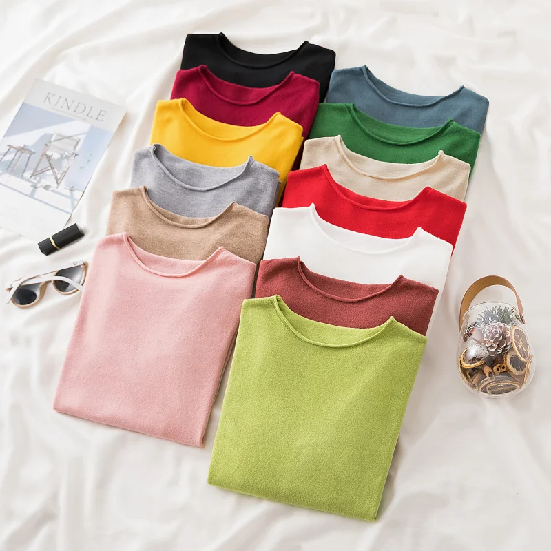 

Solid Pink Red Tees Jumpers Crop Pullover T Shirts Long Sleeve Black Tops Sueter Mujer Office Lady Casual Female Clothing