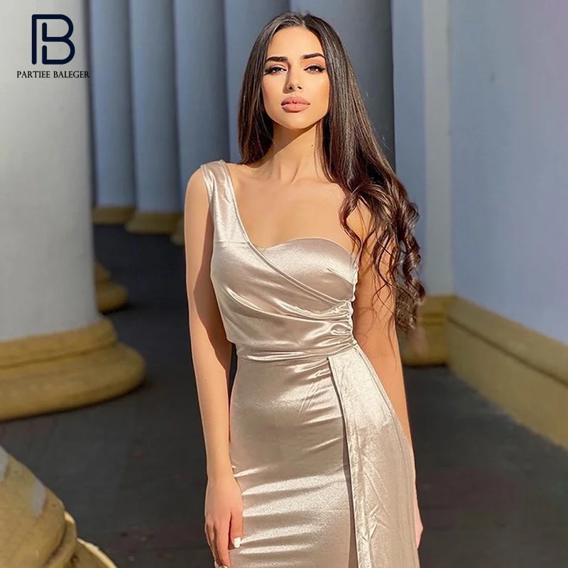 

PB Chic Beige Satin Mini Dress Sexy One Shoulder Draped Design Celebrity Party Club Vestido Free Shipping