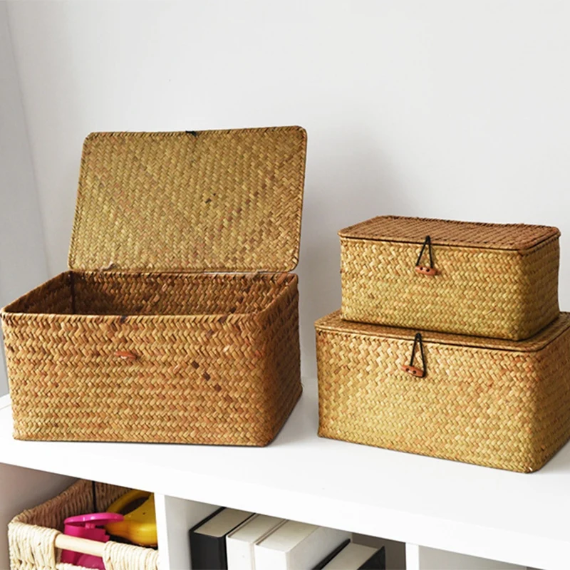 

Woven Wicker Storage Bins Basket Sets for Shelves, Set Of 3 Different Sizes, Multipurpose Container with Lid