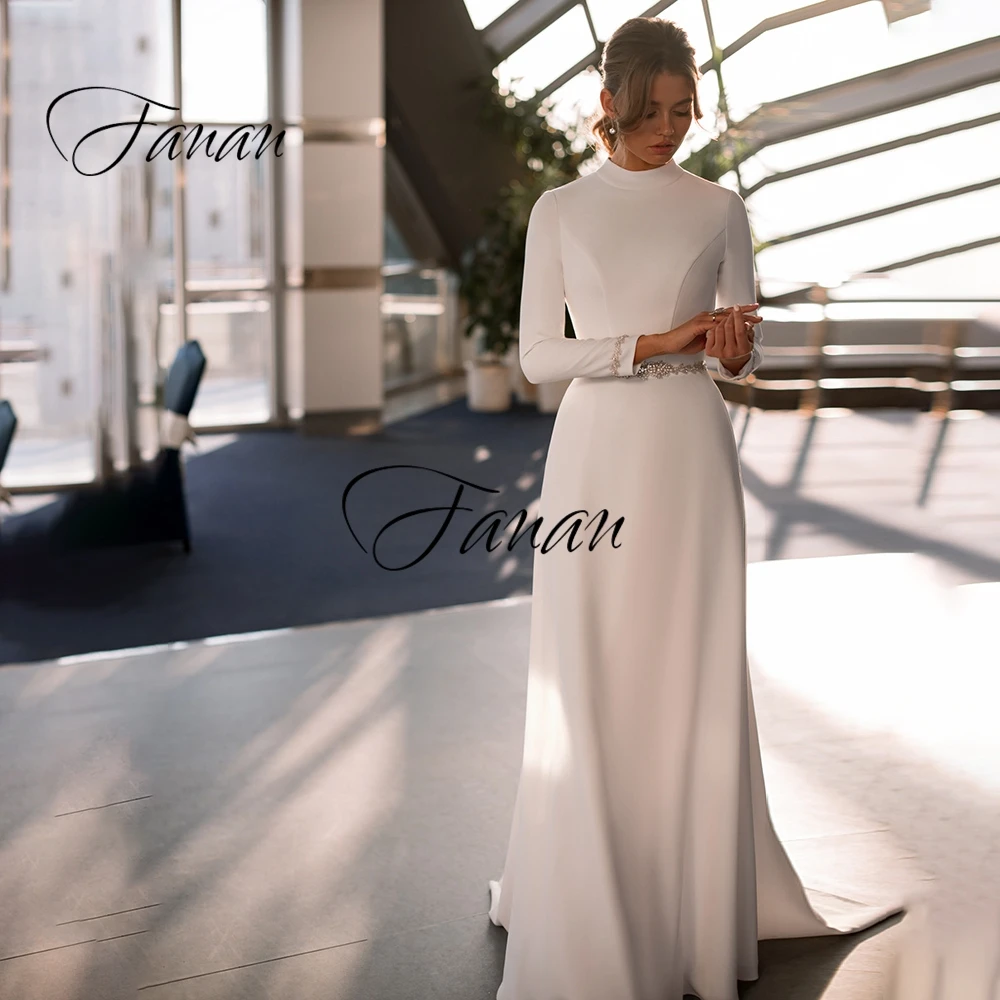 

2021 High Neck Wedding Dress Long Sleeve Beading Simple Floor Length Sweep Train Bridal Gown robe de soirée de mariage платье