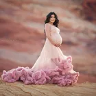 Розовый оборками развертки поезд для беременных фотосессия платья из тюля, прозрачная одежда с длинным рукавом Прозрачная Тюль свадебное платье; Robe для беременности и родам стрелять 2021