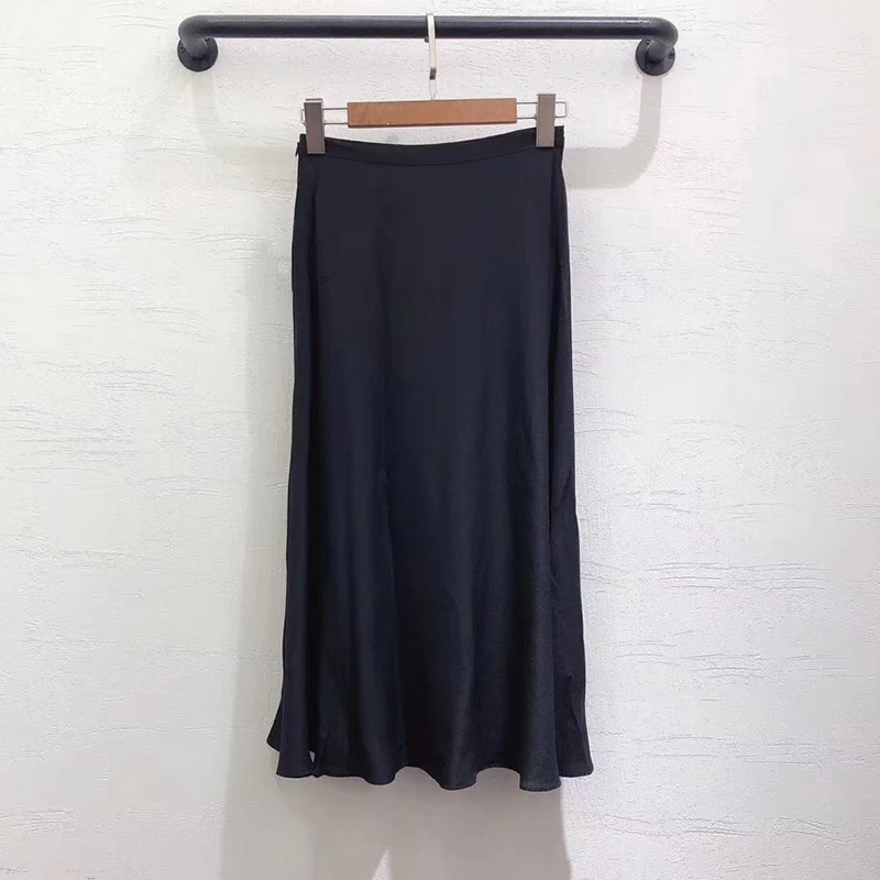Designer Skirt High Quality Long Genuine Leather Skirt Elegant High Waist A-line Silk Skirt Fashion New Women Skirt