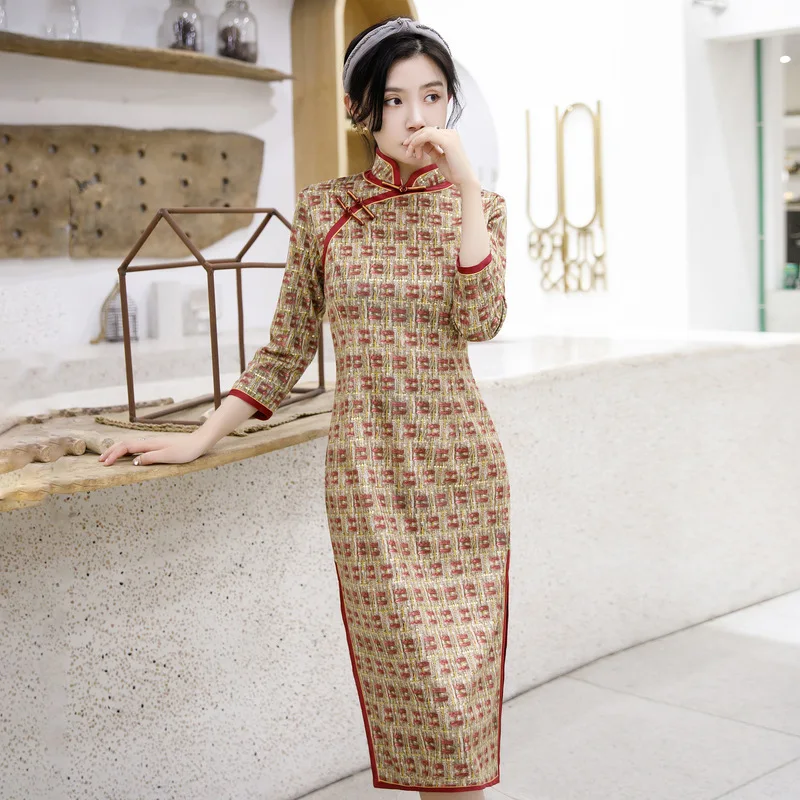 

Vintage Plaid Elegant Women Qipao Chinese Traditional Classic Mandarin Collar Cheongsam Sexy Slim Dress Big Size 4XL Vestidos