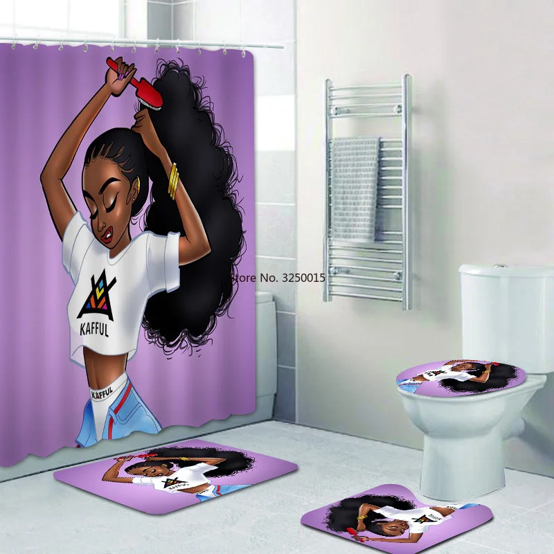 Home Decor Purple African American Women Girl Black Afro Shower Curtain Set Bathroom Bath Mat Rug Carpet Toilet | Дом и сад