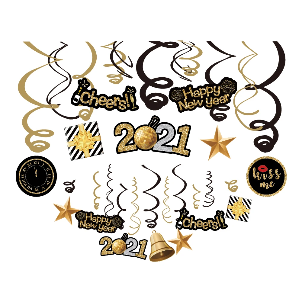2021 счастливого Нового года черные золотые спиральные украшения для