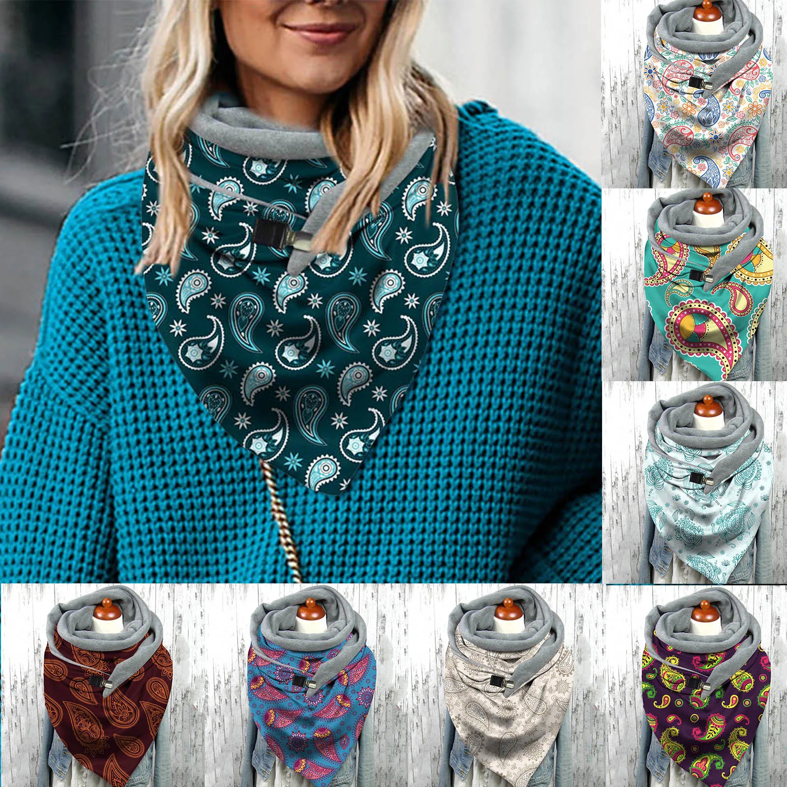 

Drop Ship Newly Design Women Boho Print Scarf with Clips Fashion Retro Female Multi-Purpose Warm Shawl Scarves