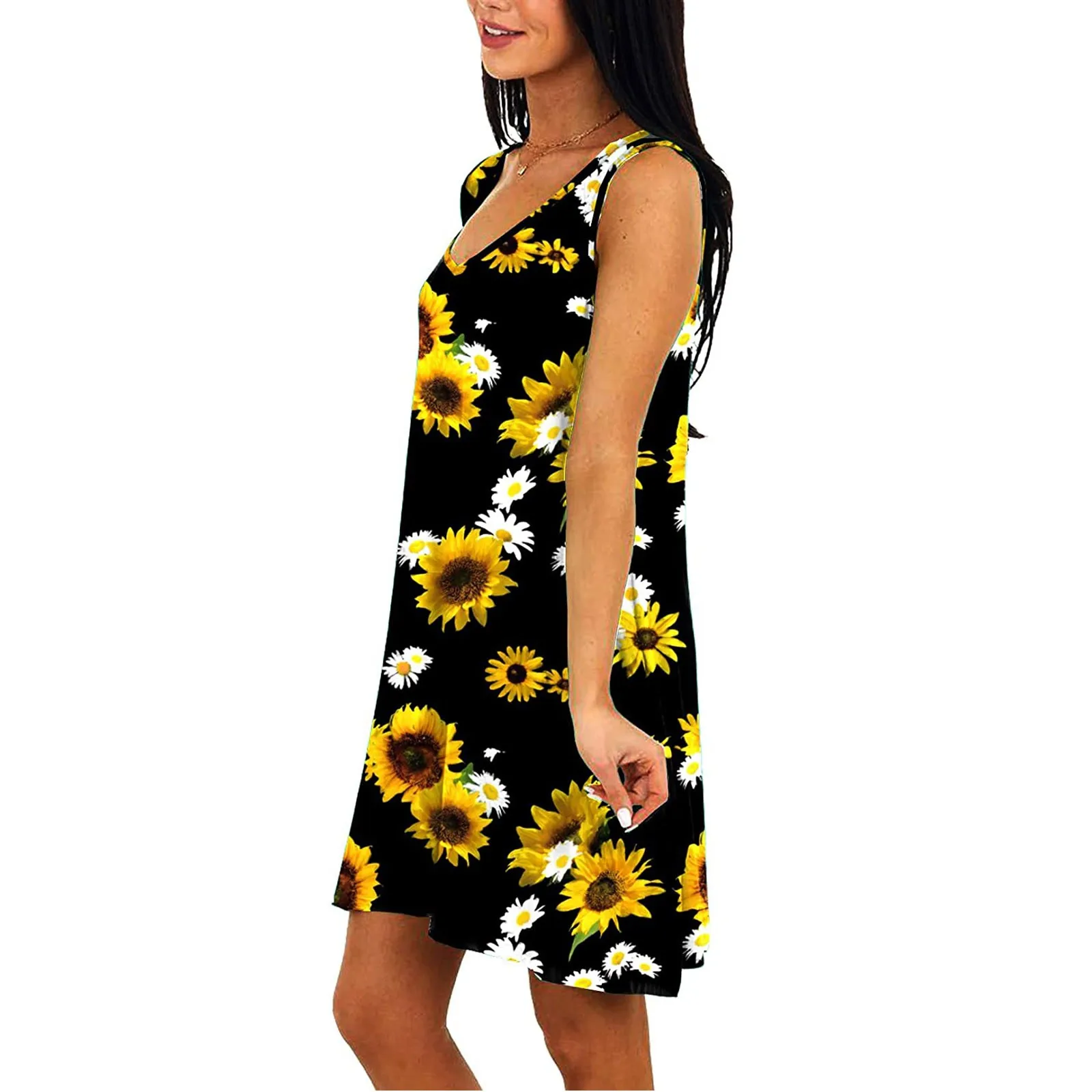 

New Casual Summer Dress Women Fashion Color Prints O -Neck Pockets Sleeveless Leisure Dress Sundress Loose Dresses Femme Robe