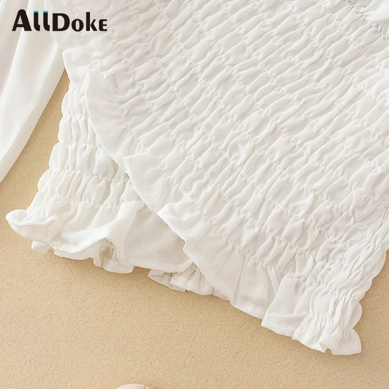 

ALLDOKE white sexy cross blouse women summer v neck lantern sleeve crop tops shirt office ladies ruffles blouses blusas mujer