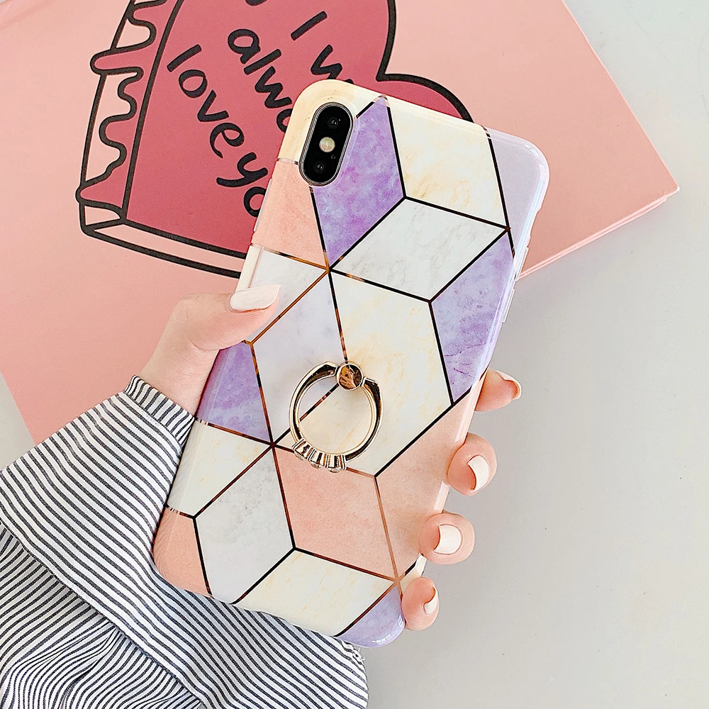 s Чехол для телефона LOVECOM для iPhone 11 Pro XR XS Max 6 6S 7 8 Plus X Мягкая Гальваническая мраморная задняя крышка с кольцом на палец - Цвет: s