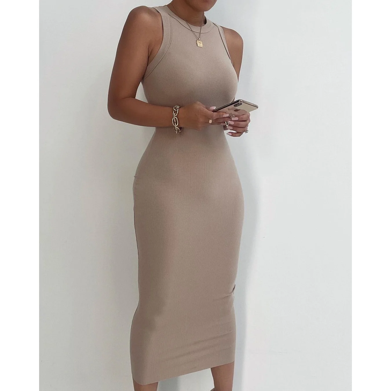 Dresses Patchwork O-neck Sleeveless Slim Hips Long Dress For Woman Clothing Vestido De Mujer