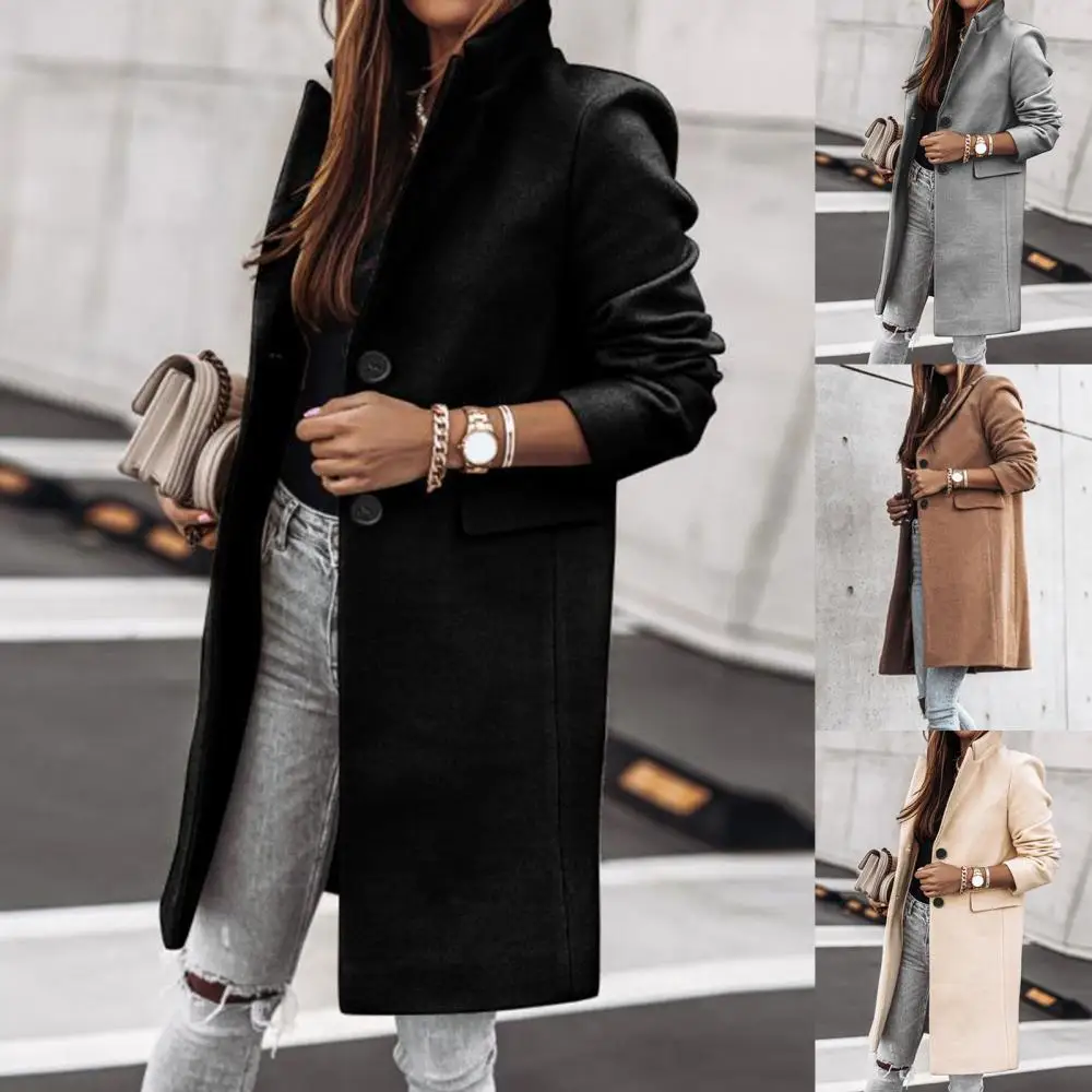 

Women's winter medium length warm jacket with button and lapel long sleeve top