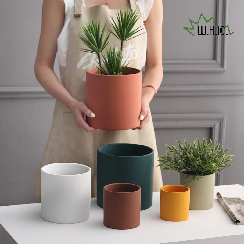

Nordic Industrial Style Colorful Ceramic Flowerpot Succulent Planter Green Plants Cylindrical Shape Flower Pot With Hole Tray