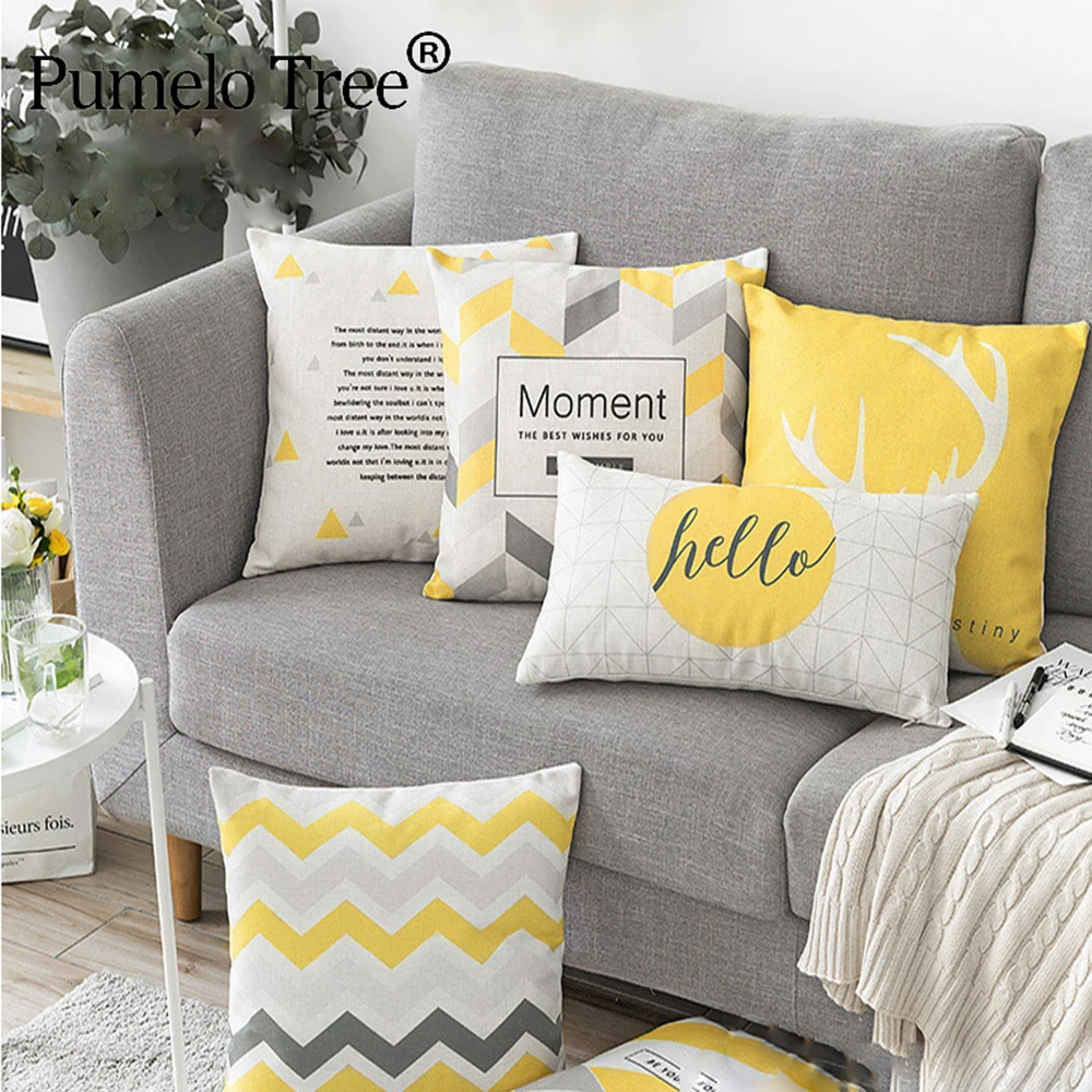 Желтый геометрический Nordic Подушка Декоративные серая волновая Осенняя серого