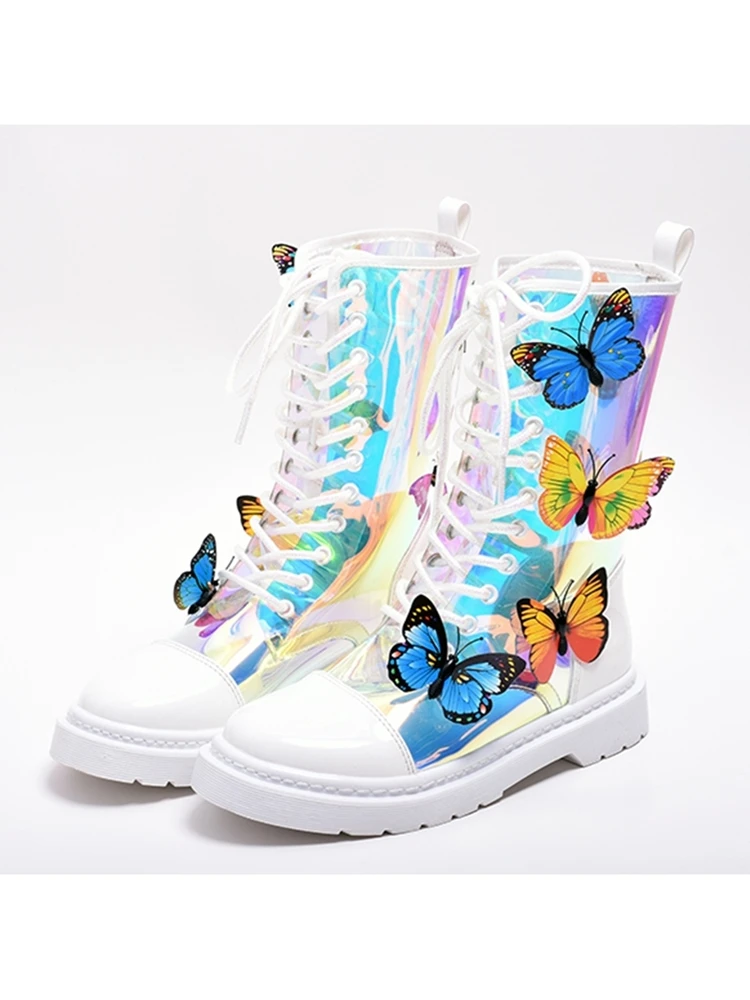 

2020 New Arrivals Booties Transparent colorful butterfly Flat Short Boots Round Toe Muffin Heel Lace Up Novelty Shoes Women
