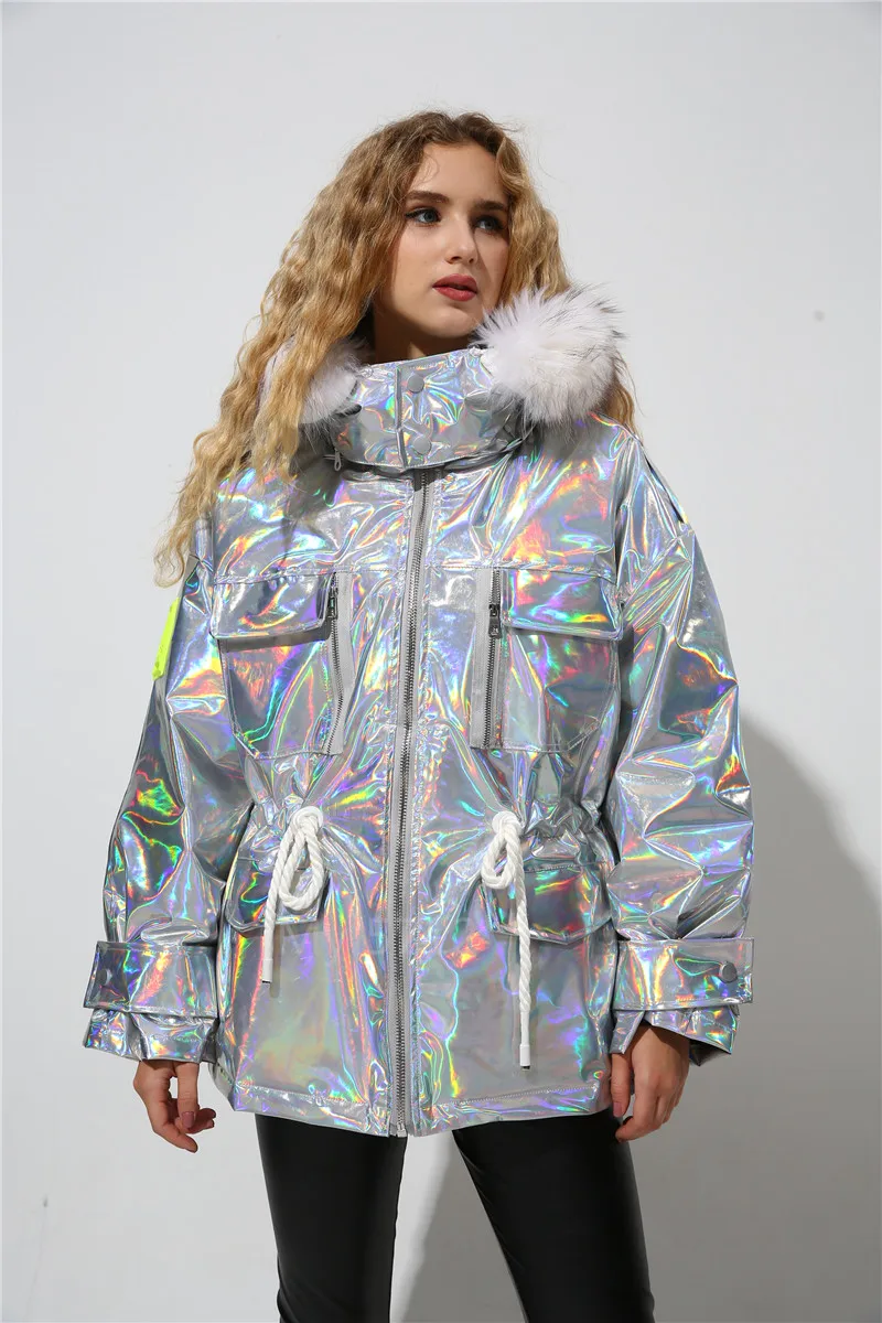 Пуховик с капюшоном и голограммой лазера симпони меховая шапка зимняя теплая