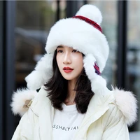 cold winter women knitting hat caps printing girl snow days thick warm ear protector bomber fur hats tied
