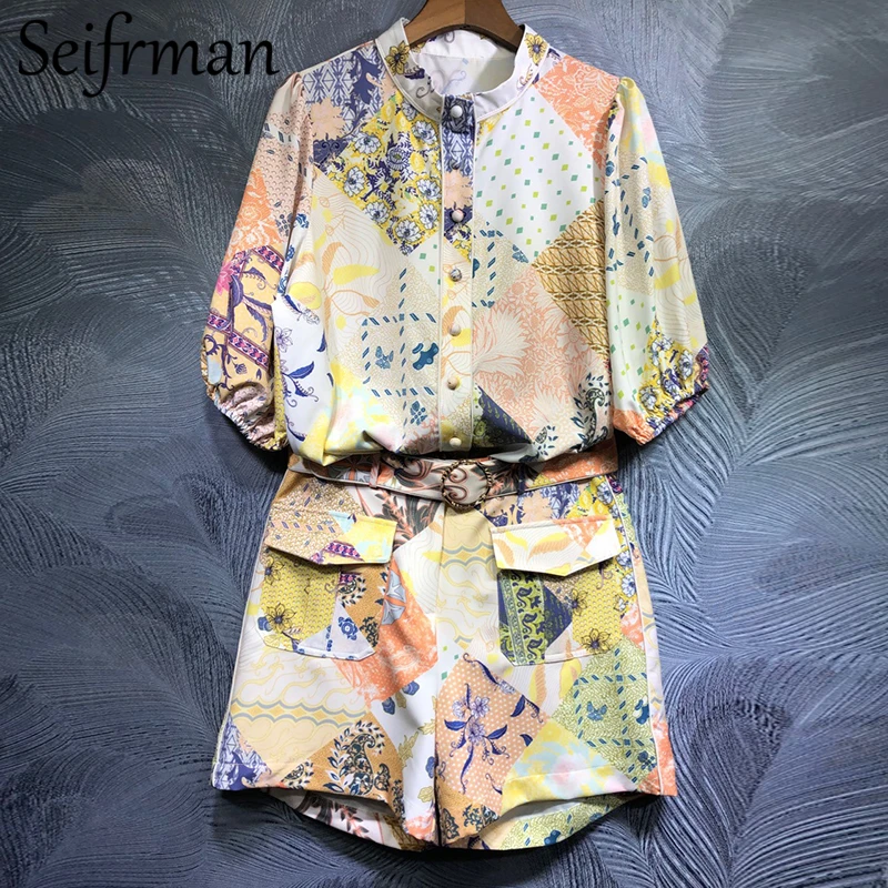 

Seifrmann женская летняя обувь модные взлетно-посадочной полосы, комплект с шортами с цветочным принтом свободные блузки + юбка с высокой талией...