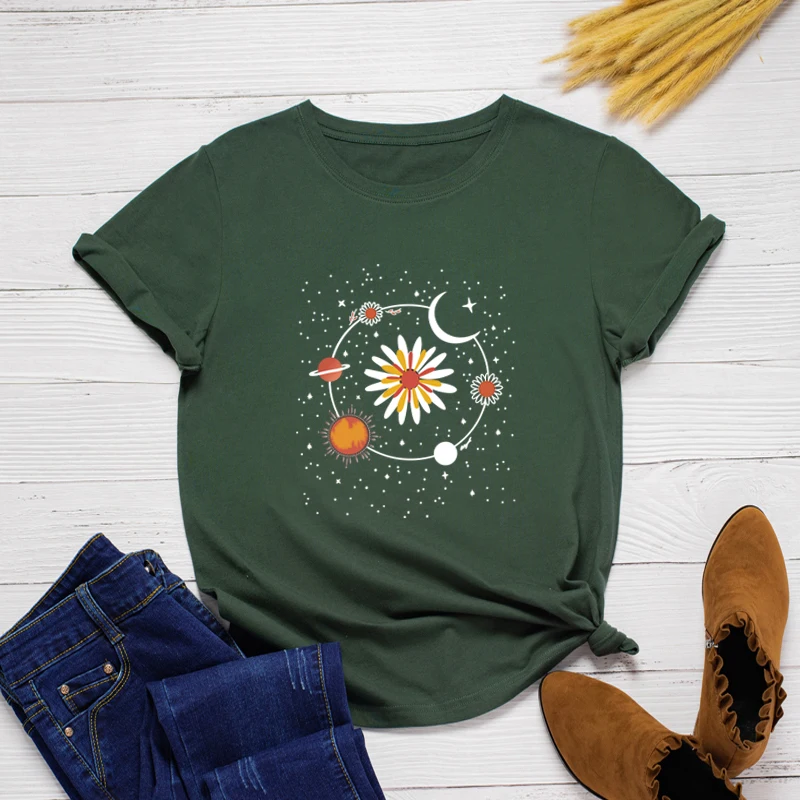 

2021 Summer Plus Size Butterfly Sunflower Heart T Shirt Women's Cotton T-Shirt O Neck Short Sleeve Tees Shirts Casual Black Tops