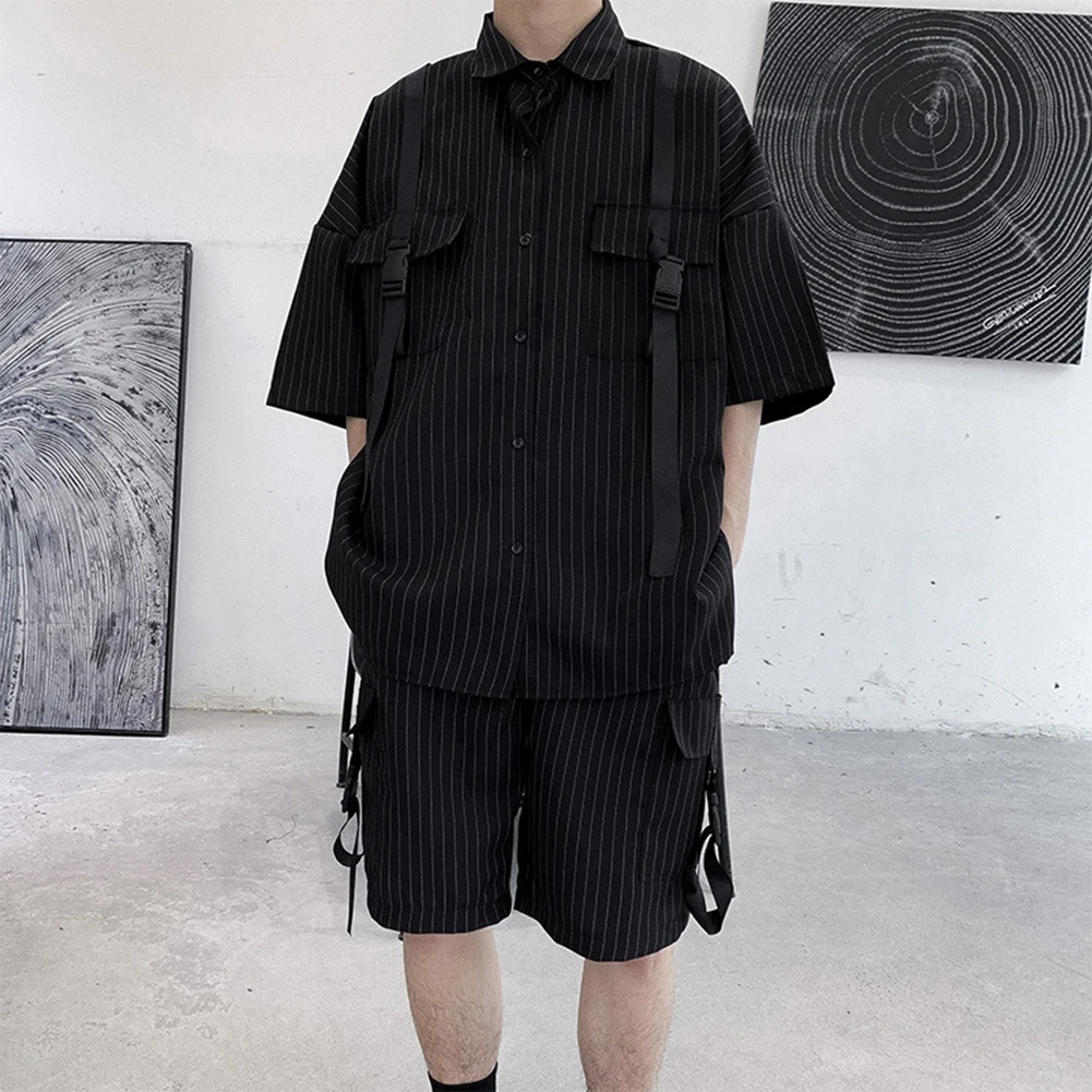 

Men Summer Casual Stripe Short Sleeve Shirt Loose Straight Shorts Pants Suit
