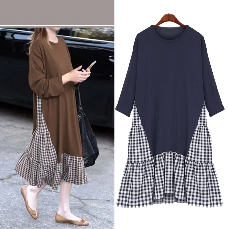 Женское платье с длинным рукавом в клетку составного кроя имитацией двух