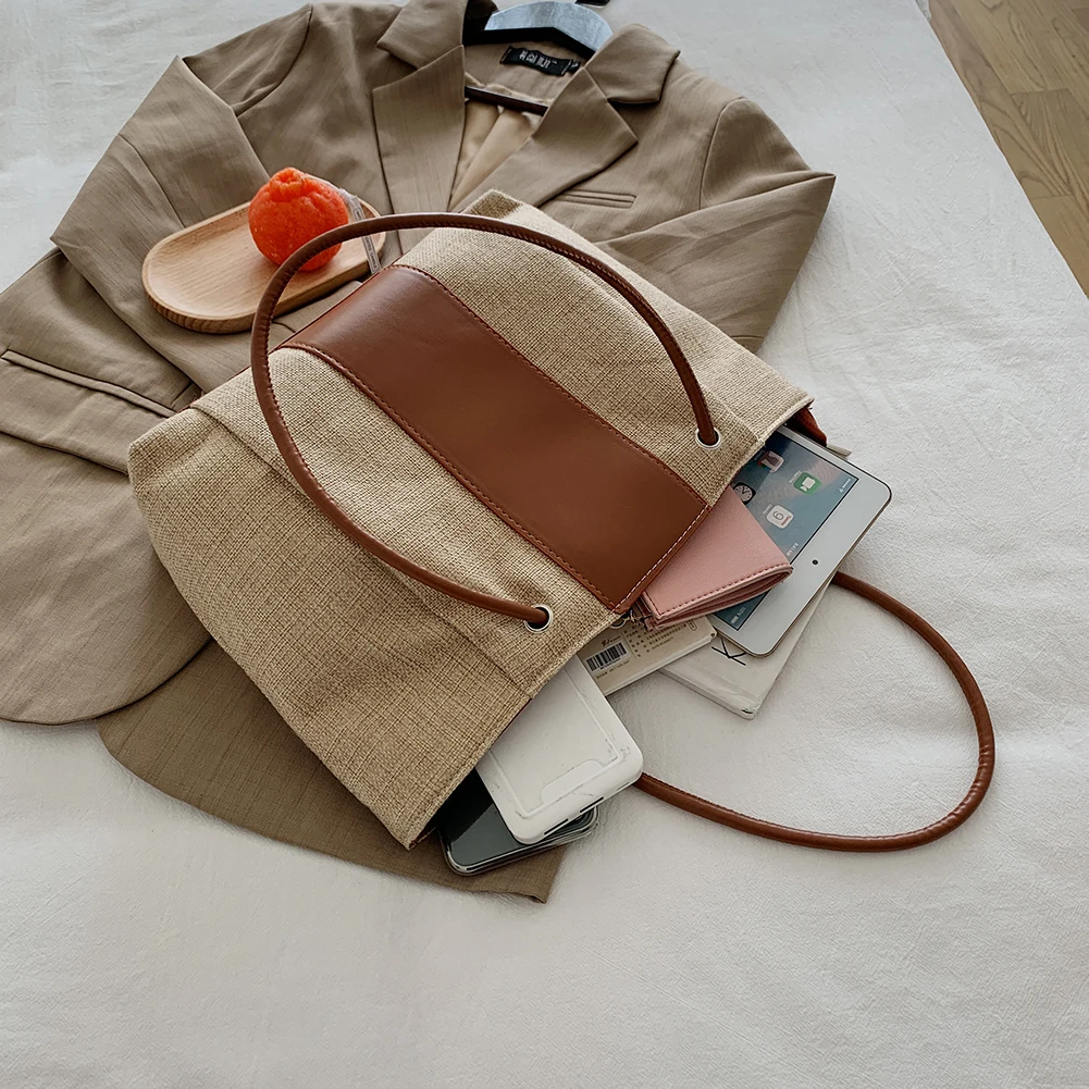 

2021 Women Canvas Tote Handbag Female Cloth Shoulder Bags Young Ladies Casual PU Splicing Shopping Bag Reusable Folding Bag