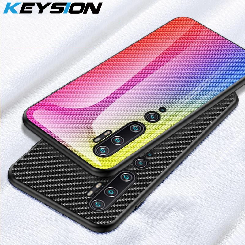 KEYSION Tempered Glass Case For Xiaomi Mi Note 10 Pro Gradient carbon fiber Back Cover for CC9 9 Lite |