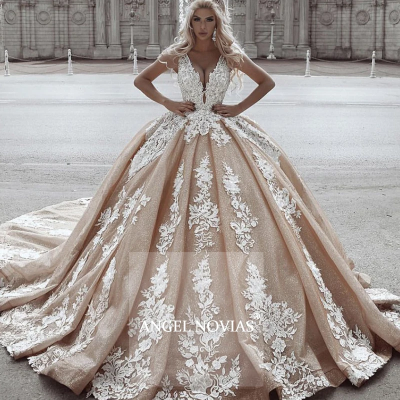 

ANGEL NOVIAS Long Champagne Dubai Ball Gown Wedding Dresses 2020 Turkey Vestido de Novia Bridal Gowns hochzeitskleid