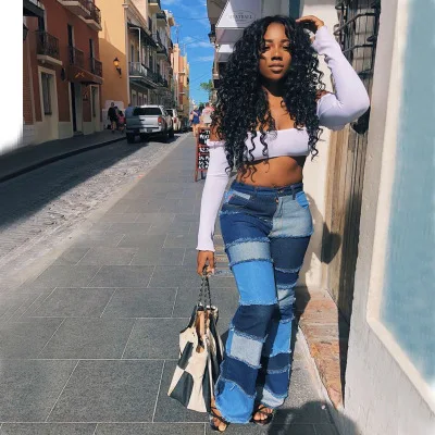 

Wholesale Women's High Waist Jeans Patchwork Fringed Wide Leg Trousers Plus size jeans jeans for women