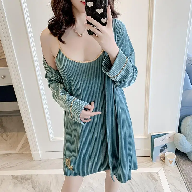 2pcs Robe 4 Новинка, Осенний бархатный женский халат, набор, сексуальное кружевное кимоно, халат, 2 шт., ночная рубашка, Свадебный халат для невесты, M, L, XL - Цвет: 2pcs Robe 4