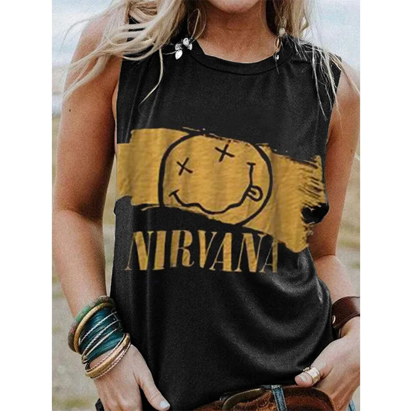 

21 spring and summer new fashion solid color smiley print round neck vest