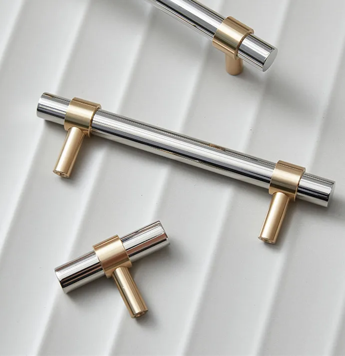Long 304SS Brass Furniture Handle and Knob Mirror-polished T-bar Cabinet Hardware Handles Drawer Pull Bedroom Silver Knob