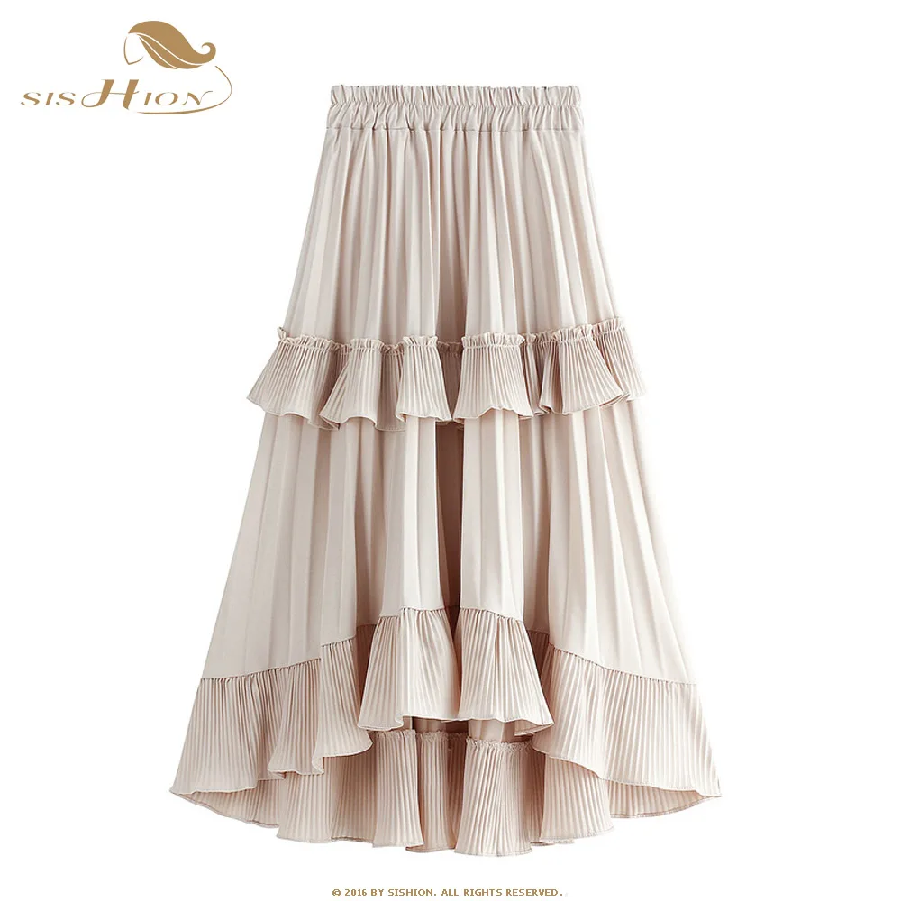 

SISHION Short Front Long Back Cake Style Irregular Skirt WF0047 rokjes dames Women Ladies Ruffles Black White Long Pleated Skirt