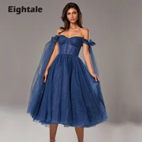 eightale naby blue prom dress off the shoulder a line tea length glitter evening celebrity graduation party dress 2021