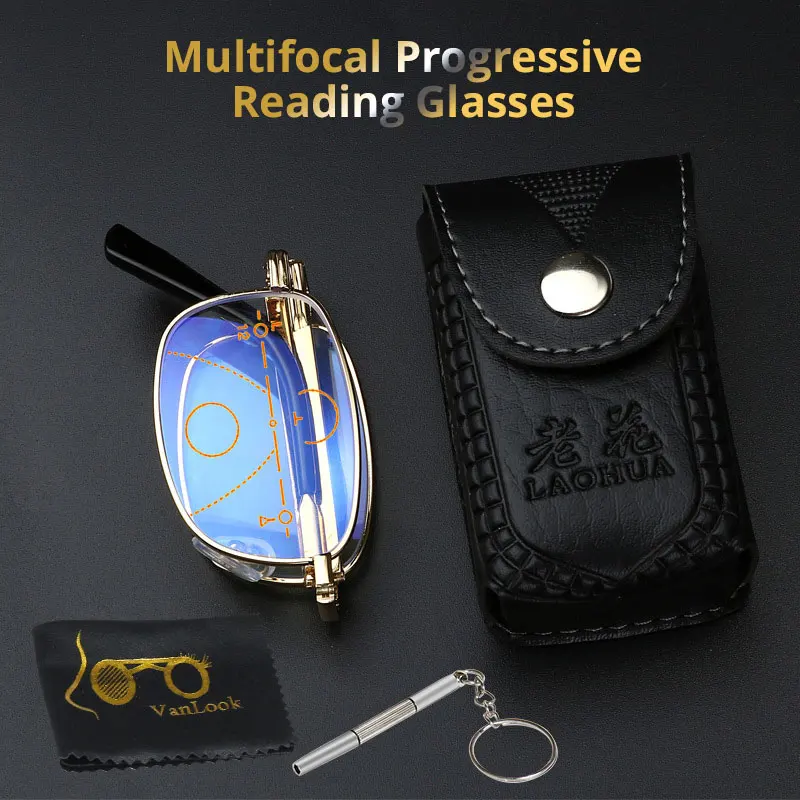 Gold VANLOOK, многофокальные прогрессивные складные очки для чтения, компьютерная Складная защита от синего излучения, для мужчин и женщин, прозрачные+ 1 1,5 2 2,5 3 3,5 4 - Цвет оправы: Gold