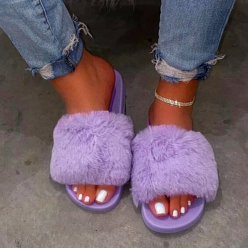 

Indoor Women Fur Slippers Fluffy Soft Furry Slides Thick Flats Heel Non Slip House Shoes Ladies Luxury Design Footwear Whosale