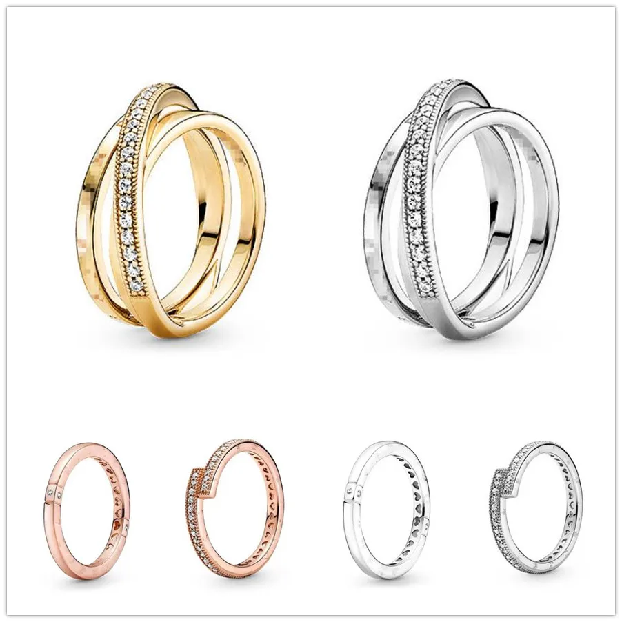 

Authentic 925 Sterling Silver Crossover Pave Triple Band Ring For Women Wedding Party Europe Fashion Jewelry pan