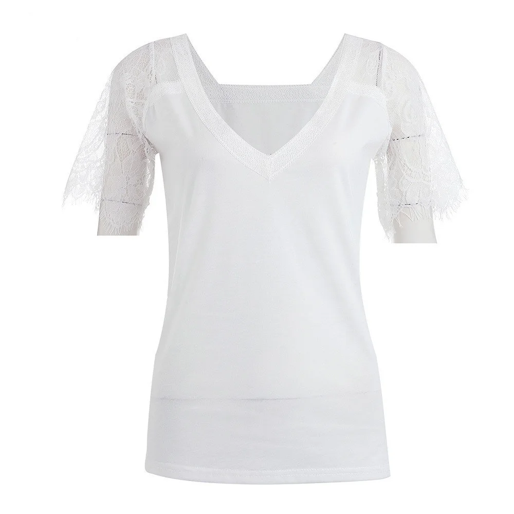 

Сексуальные женские летние футболки, кружевные прозрачные Повседневные пуловеры с V-образным вырезом и коротким рукавом, топ для улицы