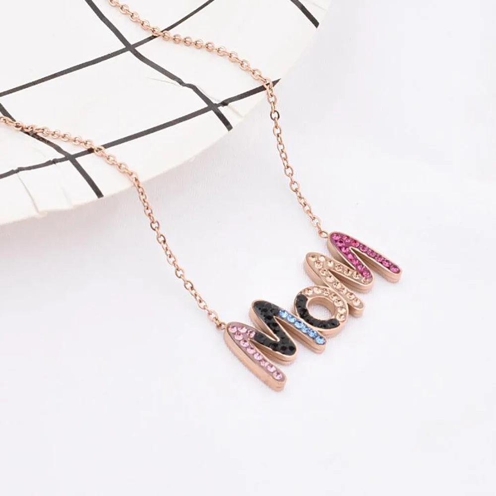 Stainless Steel Rose Gold Mother Days MOM Pendant Necklace Crystal Cz Stone Mom Minimalism Necklaces For Him | Украшения и