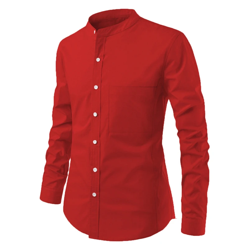 2021 Men Shirts Long Sleeve Pure Color Casual  Fashion  Slim Shirts Small Standing Collar Large Pocket  Blouse  Male Tops 2XL