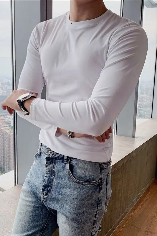 

T-shirt Men's Long Sleeve Cotton Solid Color Spring New Comfortable Tight Bottom Stretch Joker Sport Streetwear The Price Of